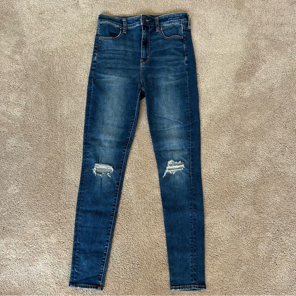 American Eagle Dark Blue High Waist Distressed Women's Skinny Jeans Size 8 Long